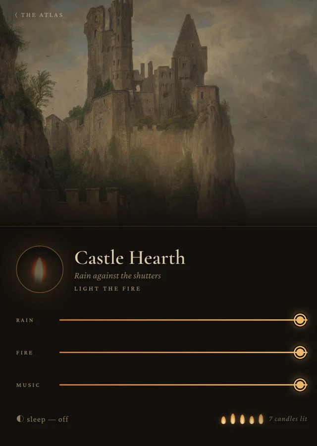The Castle Hearth scene — castle artwork above a flame, with sliders for rain, fire, and music